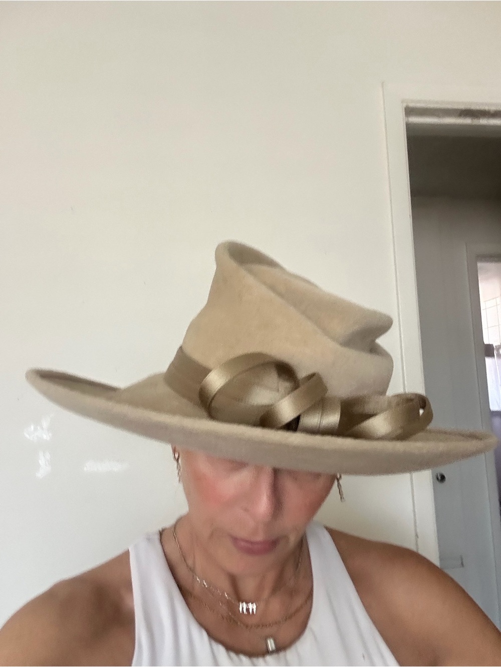 Philip Treacy Beige Wide-Brim Fedora with Ribbon Detail
